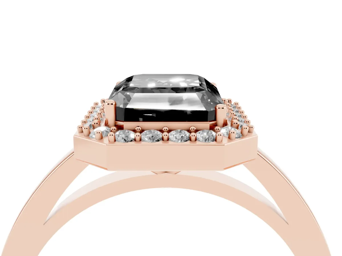 Fancy Black Radiant Cut Halo Diamond Ring with Solitaire Band and Prong Setting Rose gold