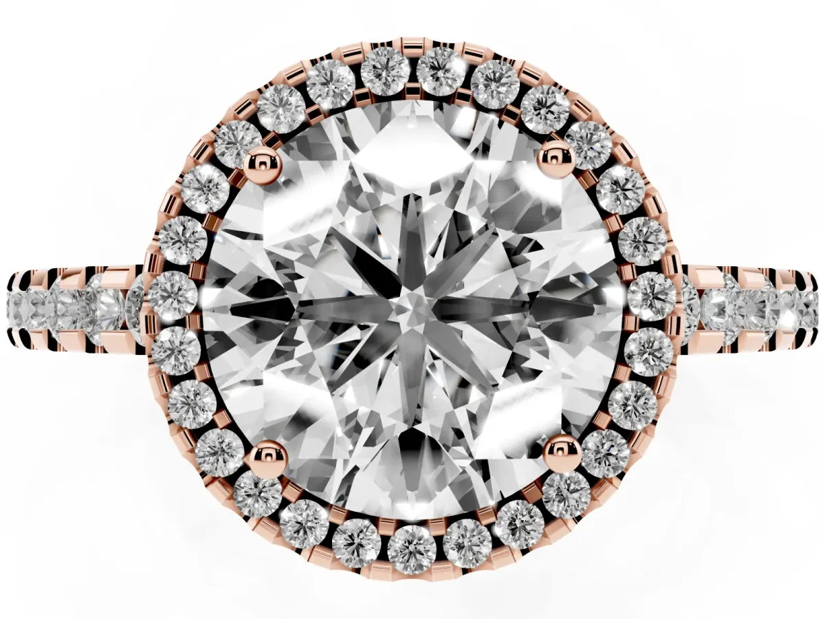 Round Cut Diamond Halo Engagement Ring with Pavé Band and Prong Setting Rose gold