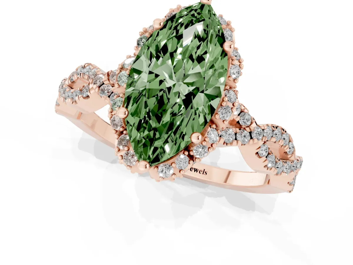 Fancy Green Marquise Cut Halo Twist Band Solitaire Ring with Six-Prong Setting Rose gold