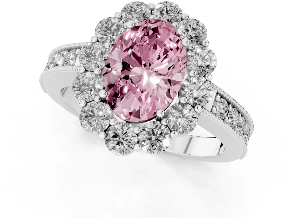 Fancy Pink Oval Cut Cut Halo Diamond Pavé Engagement Ring with Milgrain Detailing Platinum