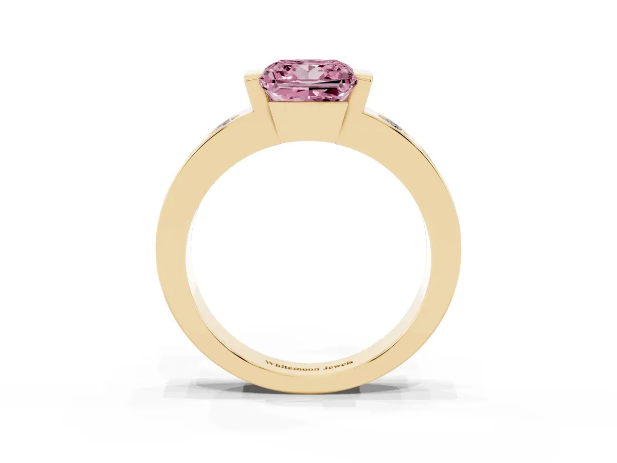Fancy Pink Princess Cut Brilliant Channel-Set Diamond Ring with Bezel Prong Setting Yellow gold