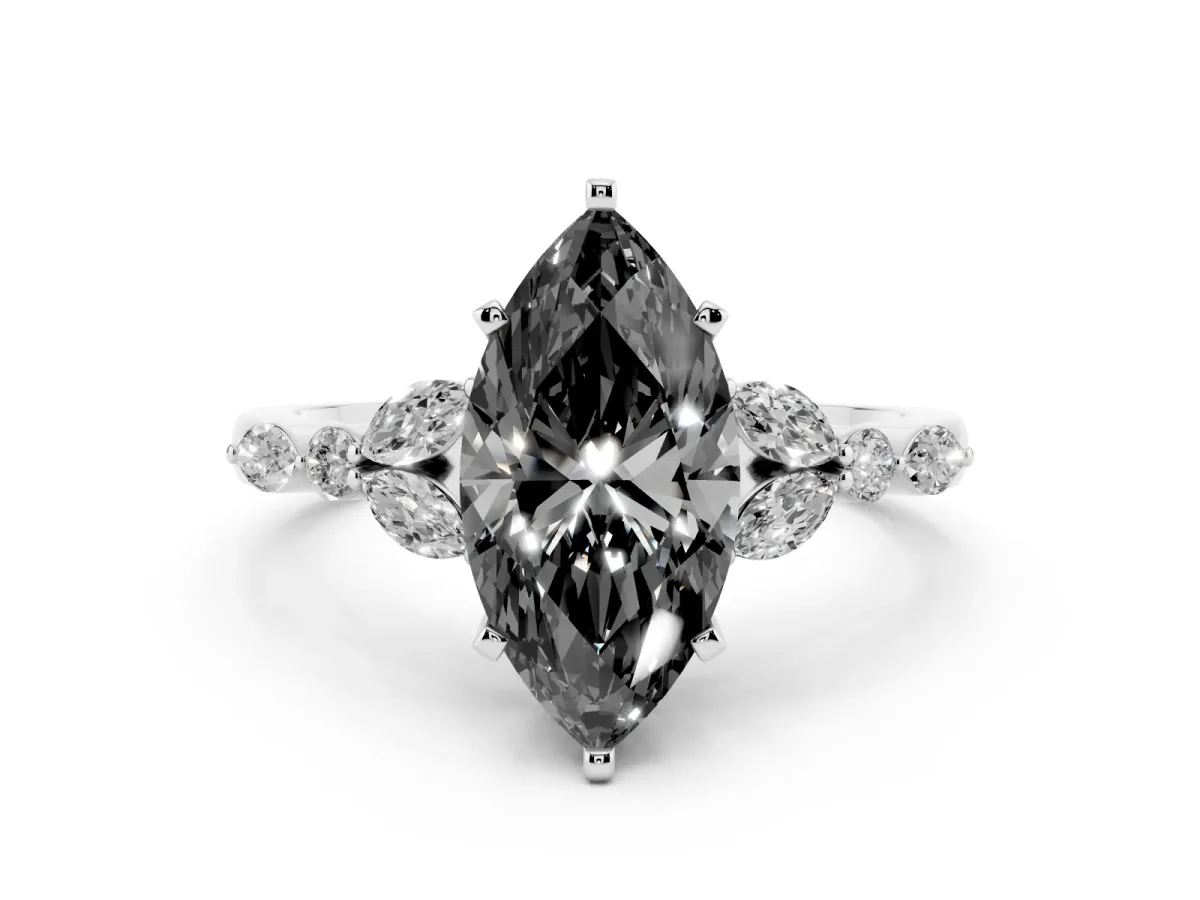 Fancy Black Marquise Cut Diamond Solitaire Ring with Side Stones and Four-Prong Setting Silver