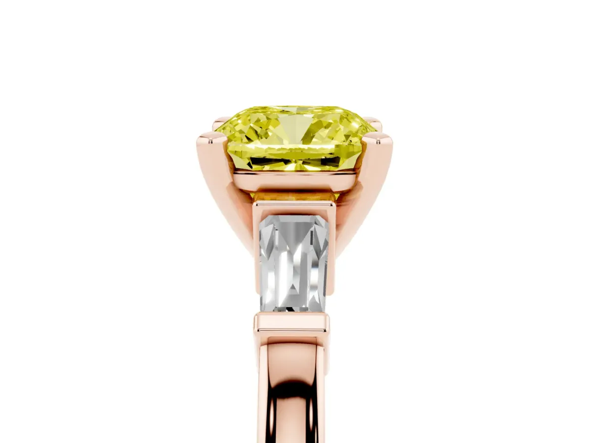 Fancy Yellow Cushion Cut Cut Diamond Solitaire Ring with Tapered Baguette Accents and Four-Prong Setting Rose gold