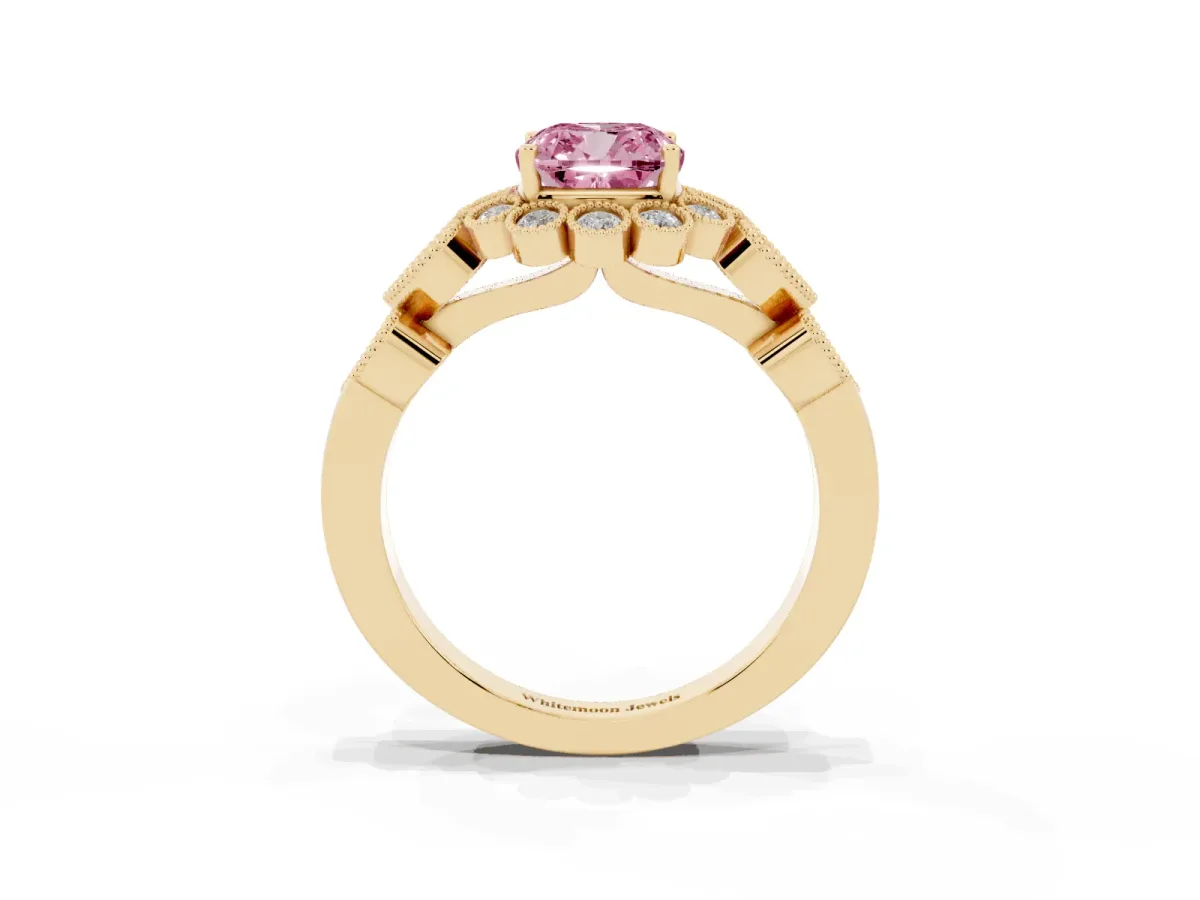Fancy Pink Cushion Cut Brilliant Milgrain Pave Heart Band Solitaire Ring Yellow gold