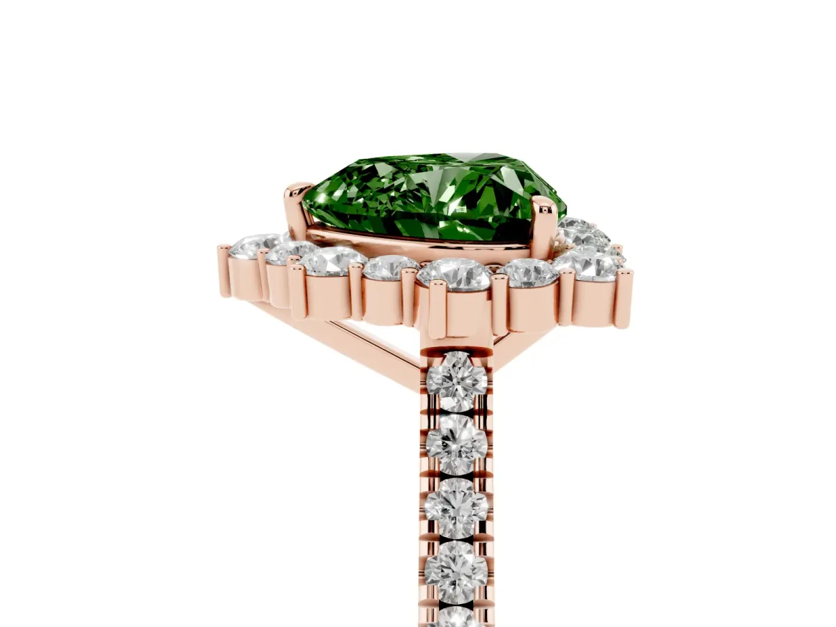 Fancy Green Heart Cut Halo Diamond Ring with Pavé Band and Prong Setting Rose gold