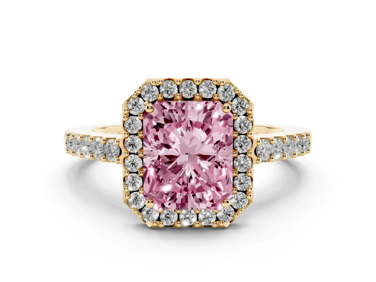 Fancy Pink Radiant Cut Halo Diamond Pavé Solitaire Ring Yellow gold