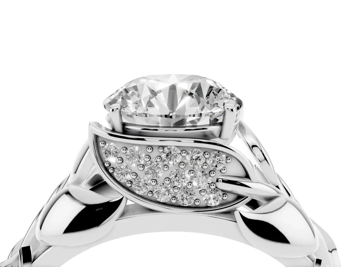 Round Cut Diamond Leaf-Inspired Engagement Ring with Round Accents and Prong Setting Silver
