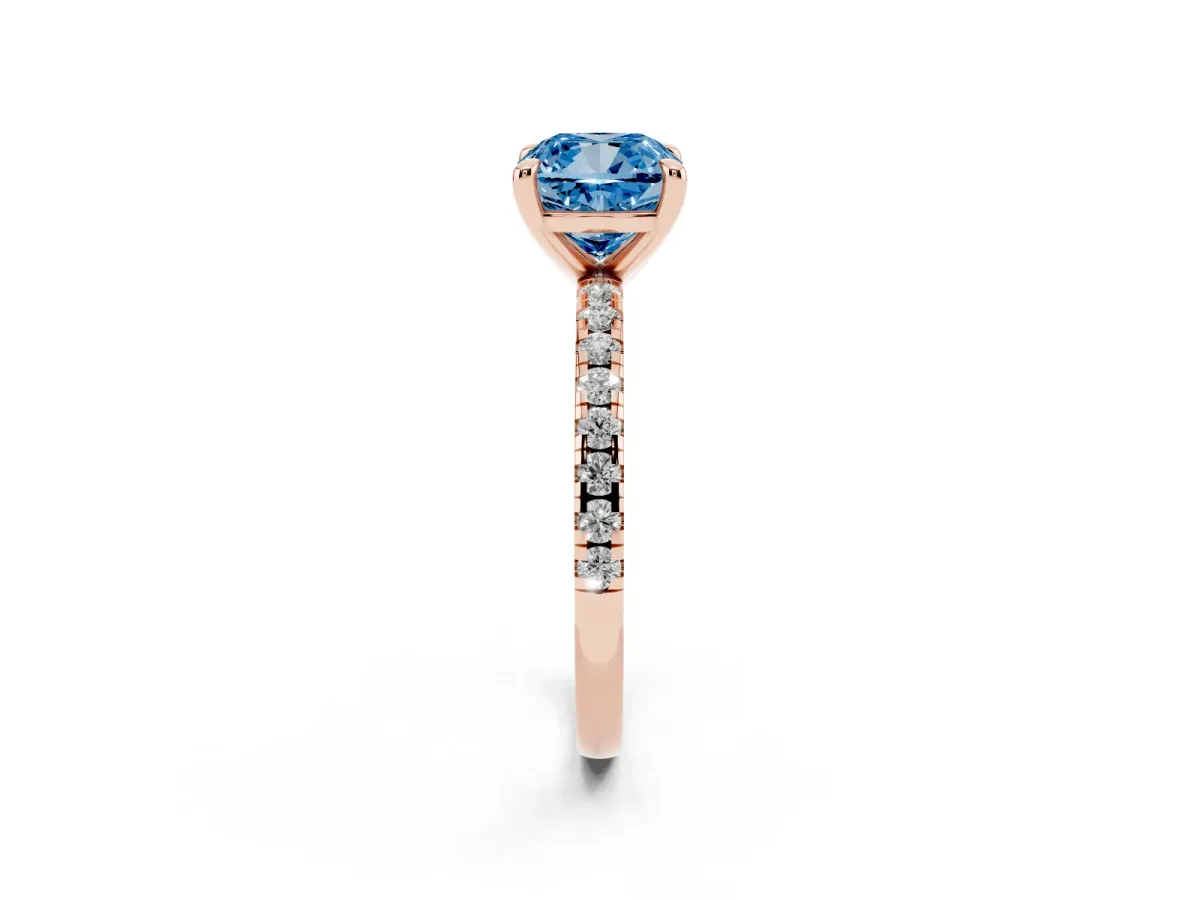Fancy Blue Cushion Cut Diamond Brilliant Solitaire Ring with Pavé Band and Four-Prong Setting Rose gold