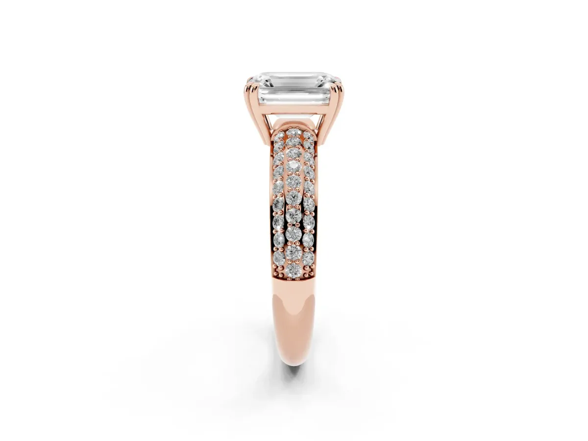 Emerald Cut Diamond Solitaire Ring with Multi-Row Round Pavé Band and Prong Setting Rose gold