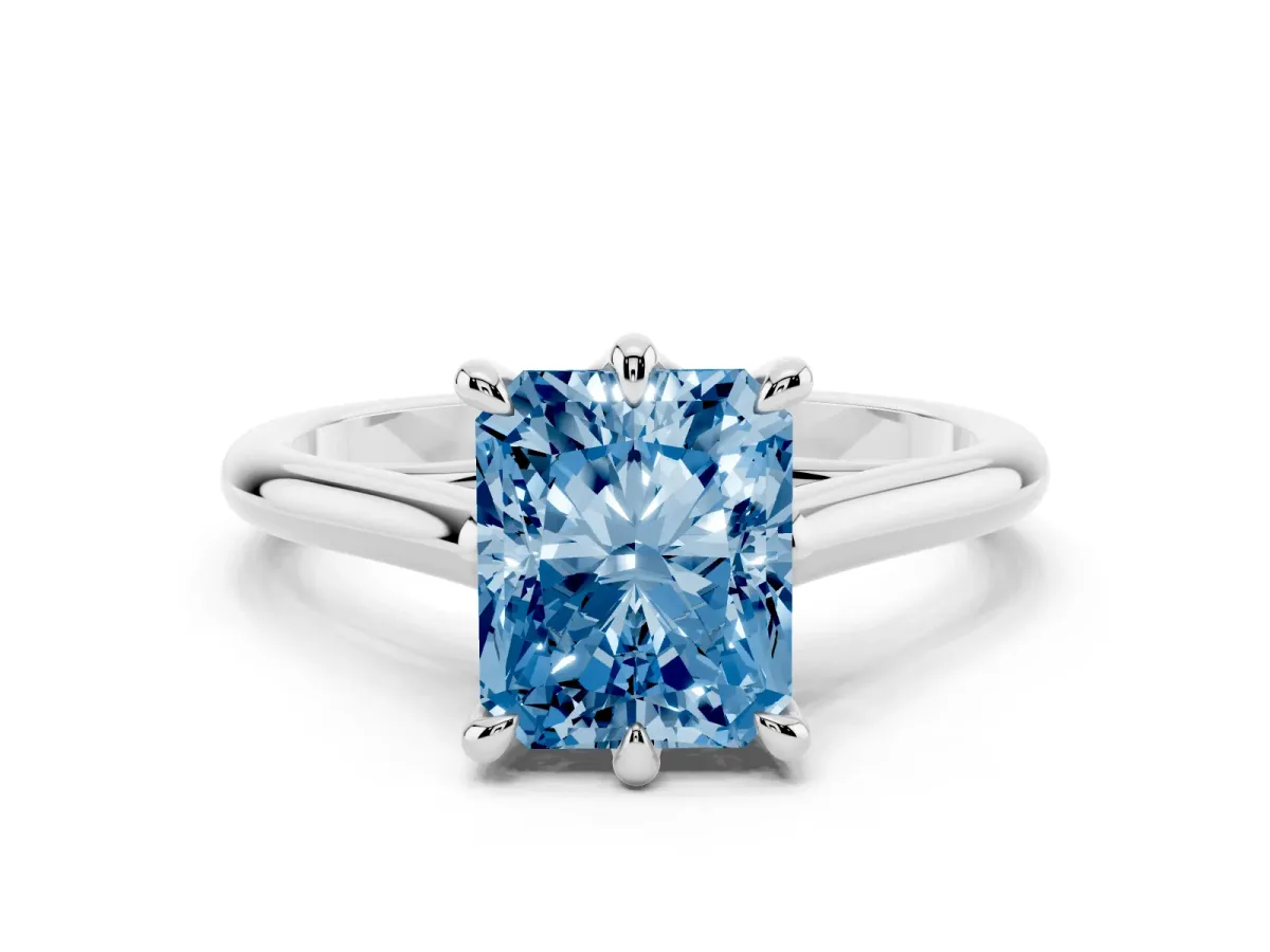 Fancy Blue Radiant Cut Solitaire Engagement Ring with Six-Prong Setting and Classic Band Platinum