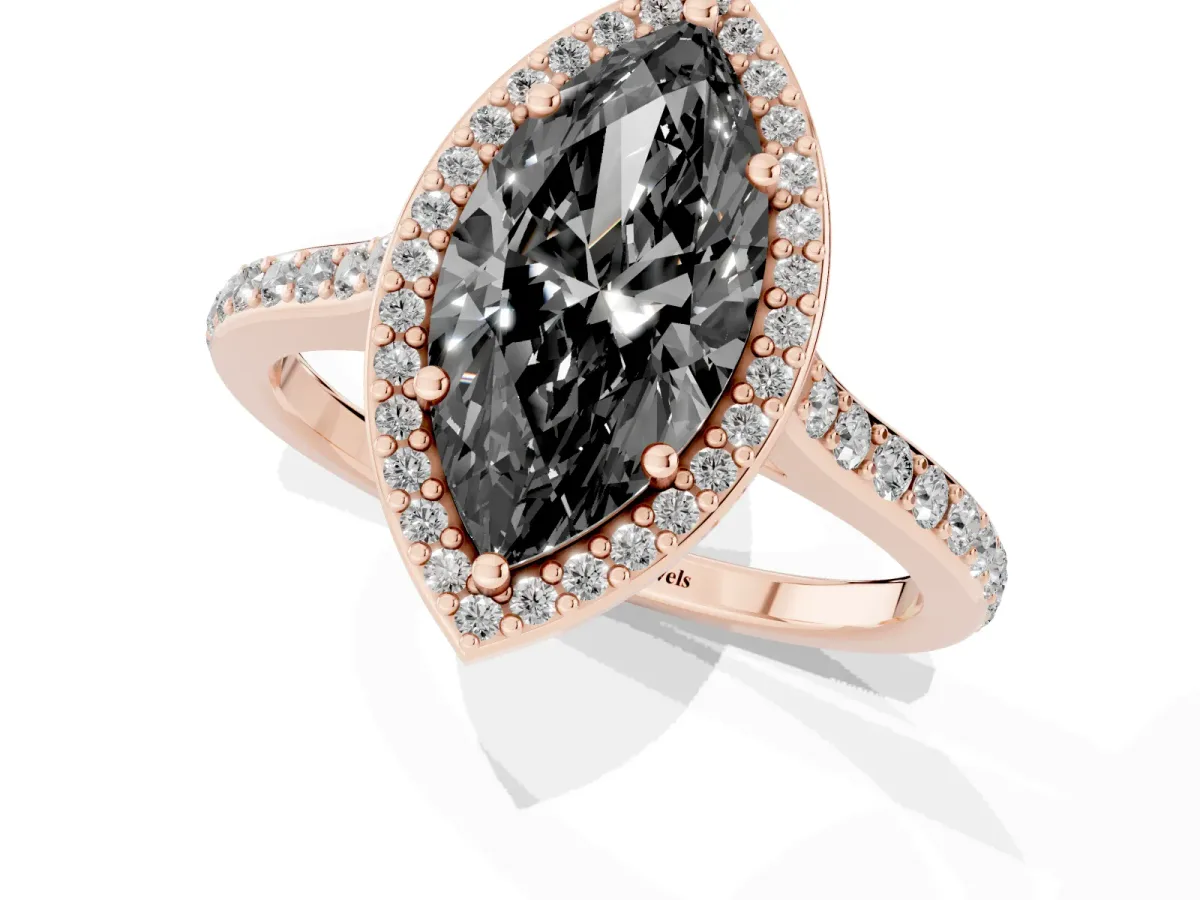 Fancy Black Marquise Cut Diamond Halo Engagement Ring with Round Pavé Shoulders and Prong Setting Rose gold