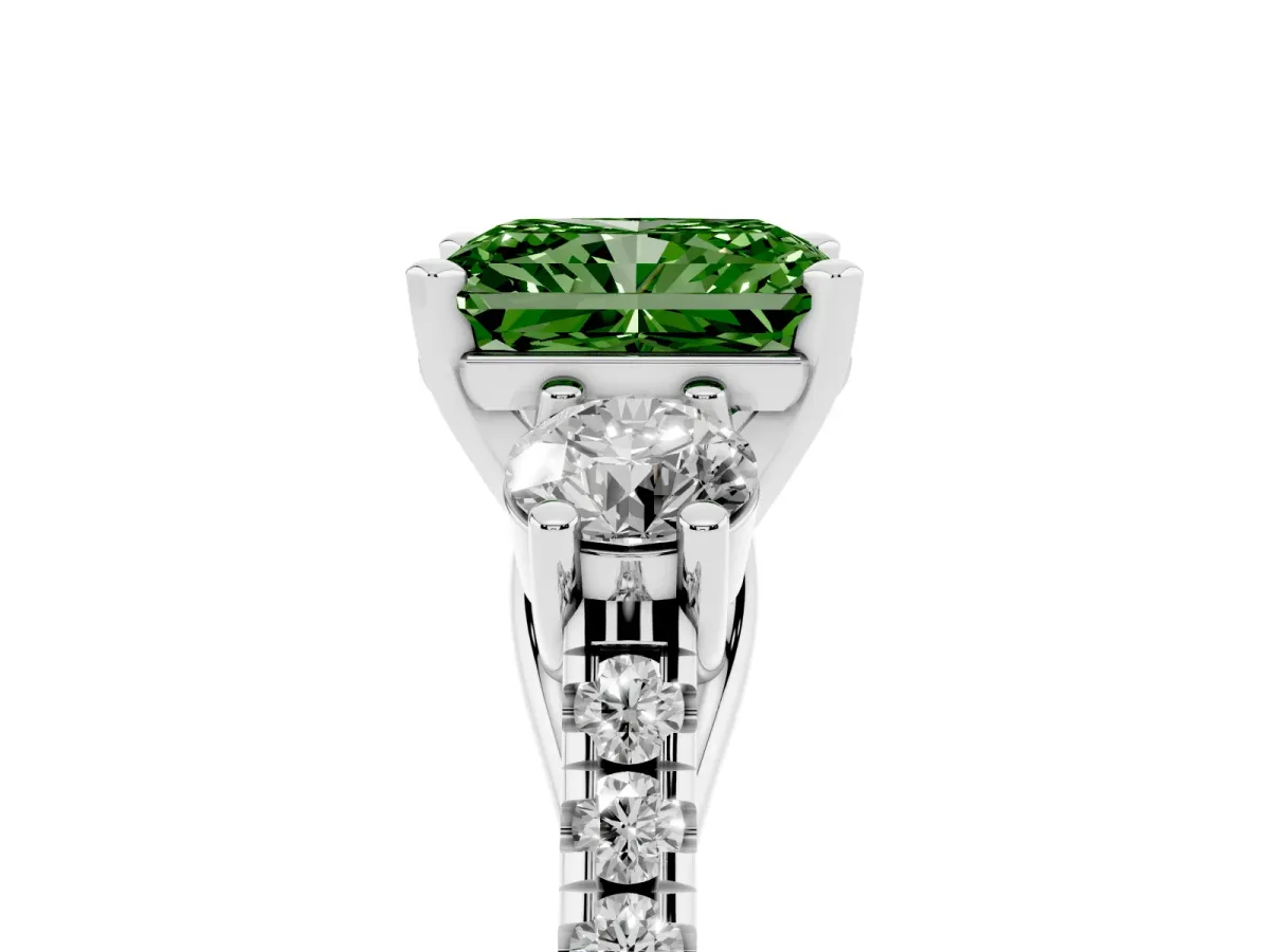 Fancy Green Three-Stone Radiant Cut Diamond Pavé Band with Four-Prong Setting Silver