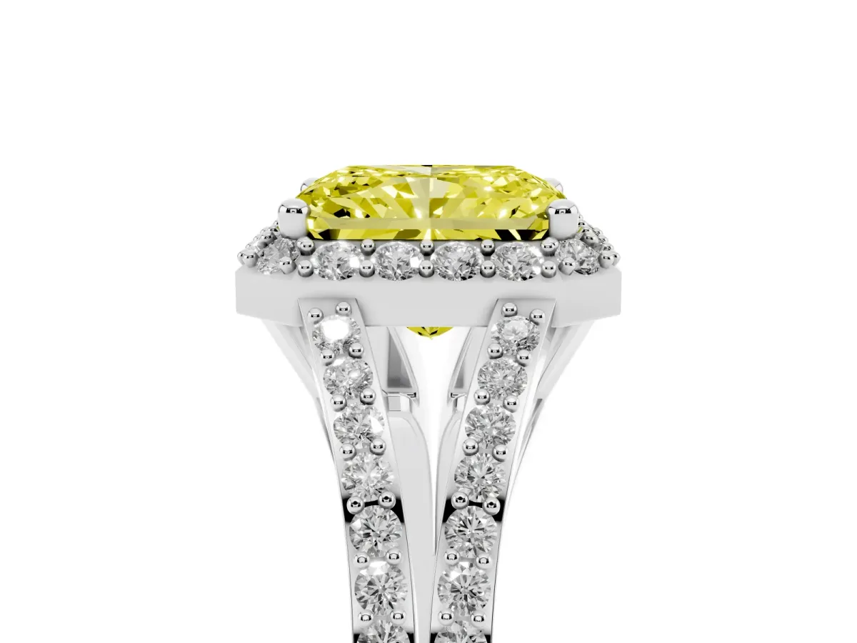 Fancy Yellow Radiant Cut Halo Split Shank Pave Diamond Ring with Four-Prong Setting Platinum
