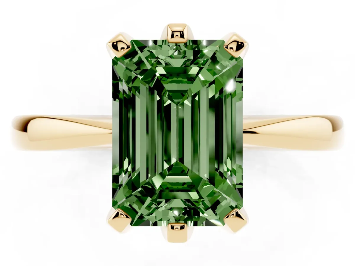 Fancy Green Emerald Cut Solitaire Engagement Ring with Six-Prong Setting and Tapered Band Yellow gold