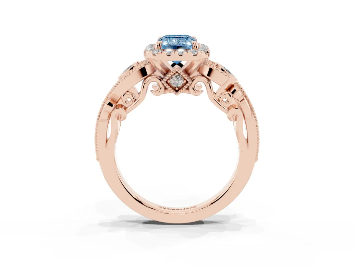 Fancy Blue Emerald Cut Halo Diamond Ring with Milgrain and Bezel Accents on a Split Shank Band Rose gold
