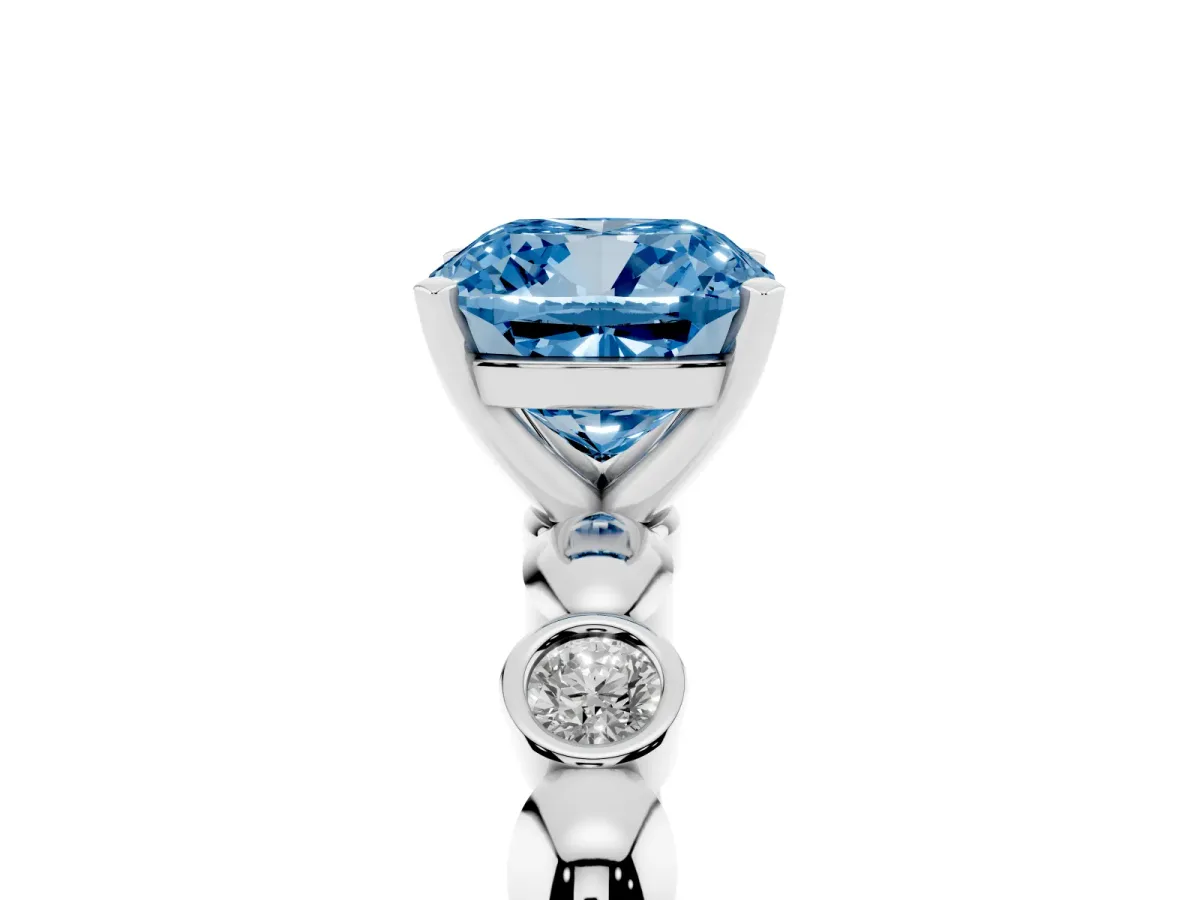 Fancy Blue Cushion Cut Solitaire Bezel-Set Diamond Ring with Beaded Band and Four-Prong Setting Silver