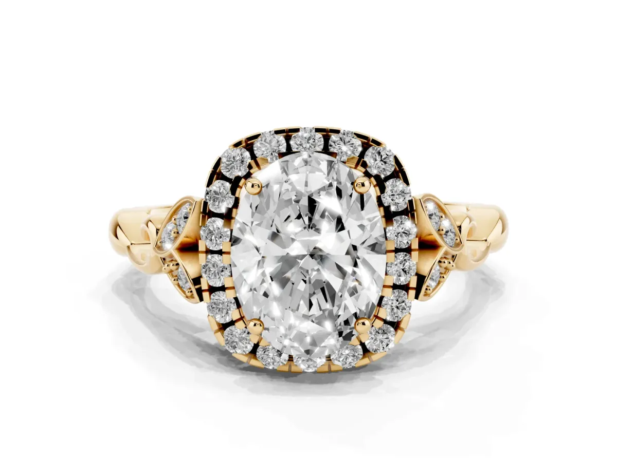 Oval Cut Halo Diamond Engagement Ring with Vintage-Inspired Band and Four-Prong Setting Yellow gold