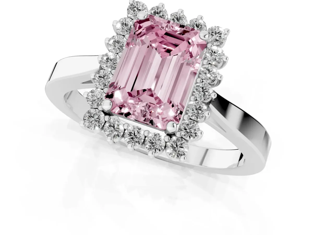 Fancy Pink Emerald Cut Cut Diamond Halo Ring with Round Brilliant Halo and Solitaire Band Platinum