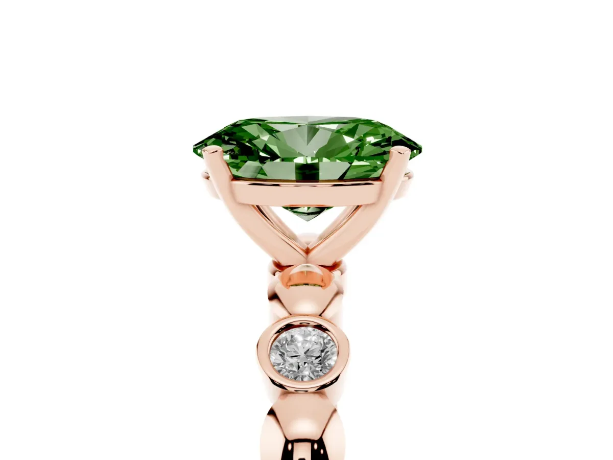 Fancy Green Oval Cut Solitaire Bezel-Set Diamond Ring with Beaded Band and Four-Prong Setting Rose gold