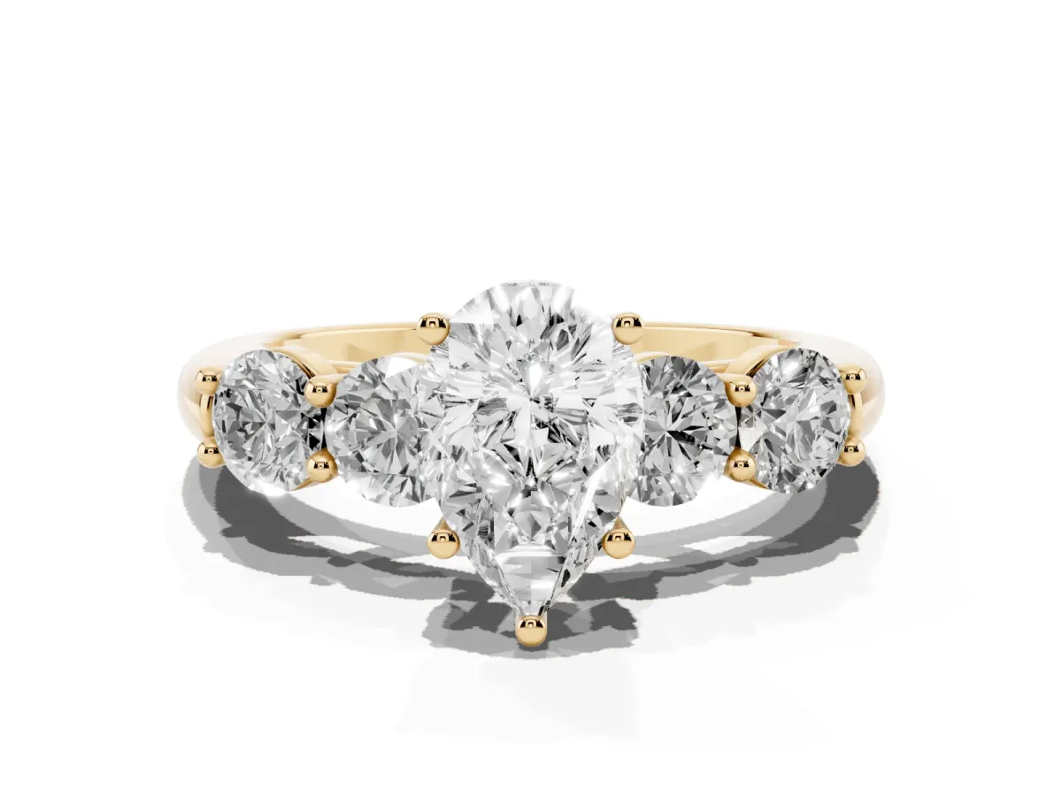 Pear Cut Cut Five-Stone Prong Set Diamond Ring with Classic Band Yellow gold