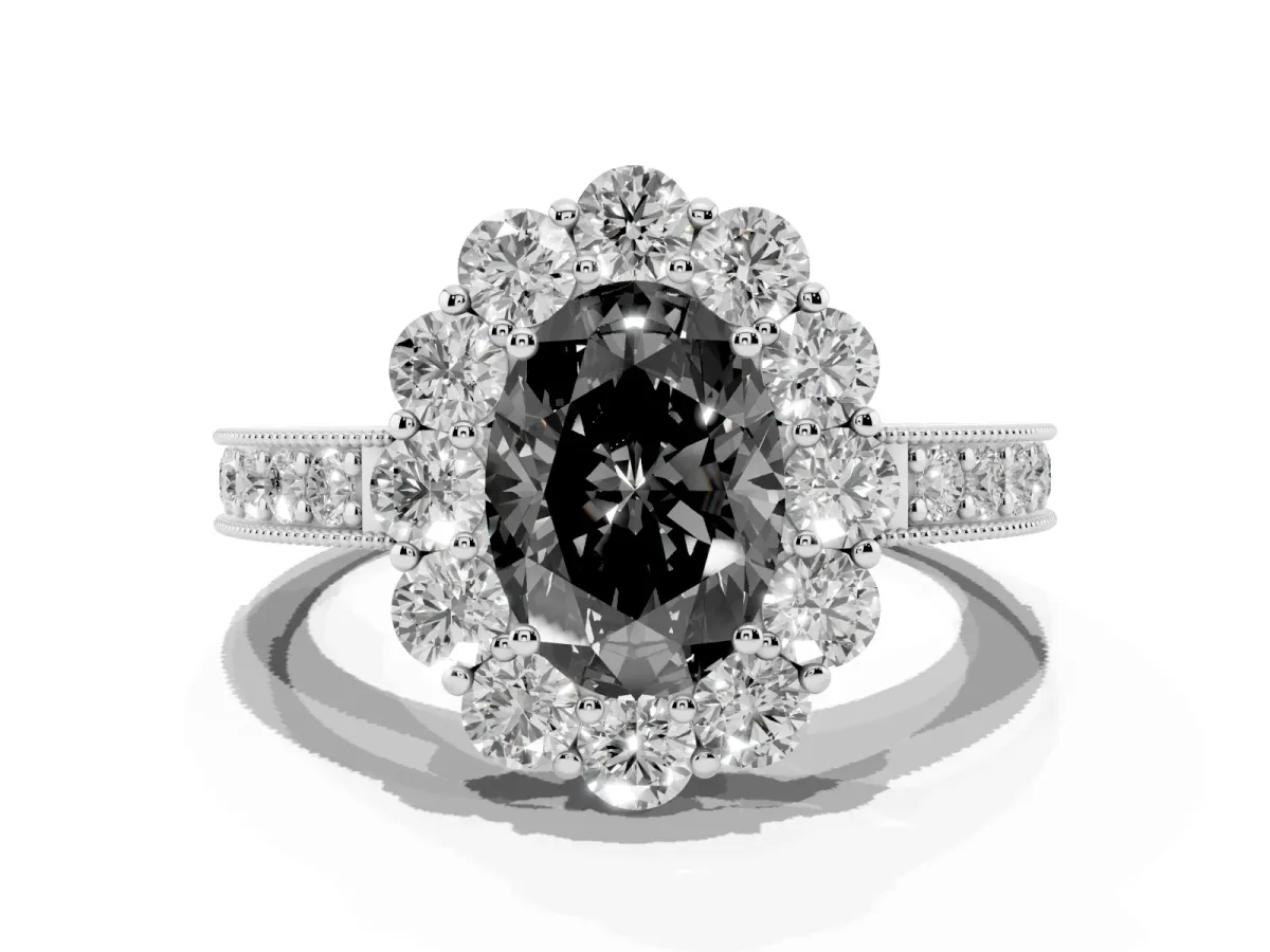 Fancy Black Oval Cut Cut Halo Diamond Pavé Engagement Ring with Milgrain Detailing Platinum