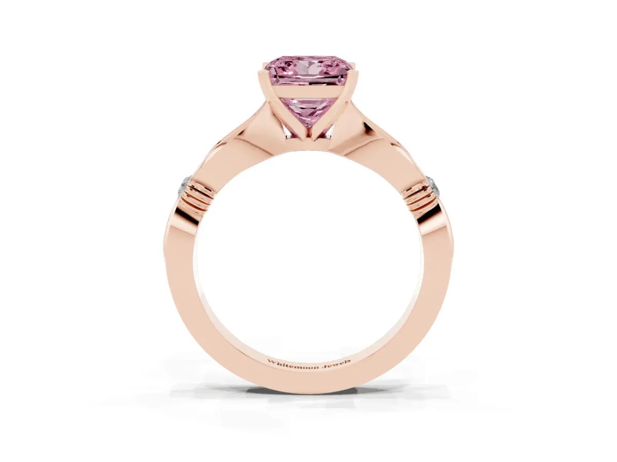 Fancy Pink Princess Cut Solitaire Diamond Twisted Band with Four-Prong Setting Rose gold