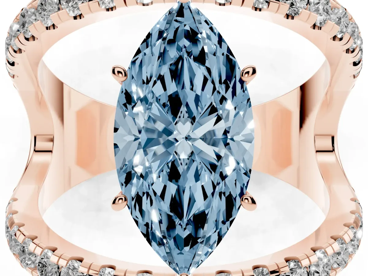 Fancy Blue Marquise Cut Solitaire Split Shank Pave Diamond Ring Rose gold