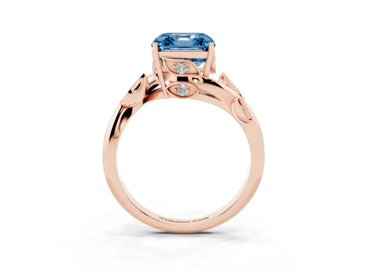 Fancy Blue Asscher Cut Solitaire Twist Engagement Ring with Leaf Accents and Prong Setting Rose gold