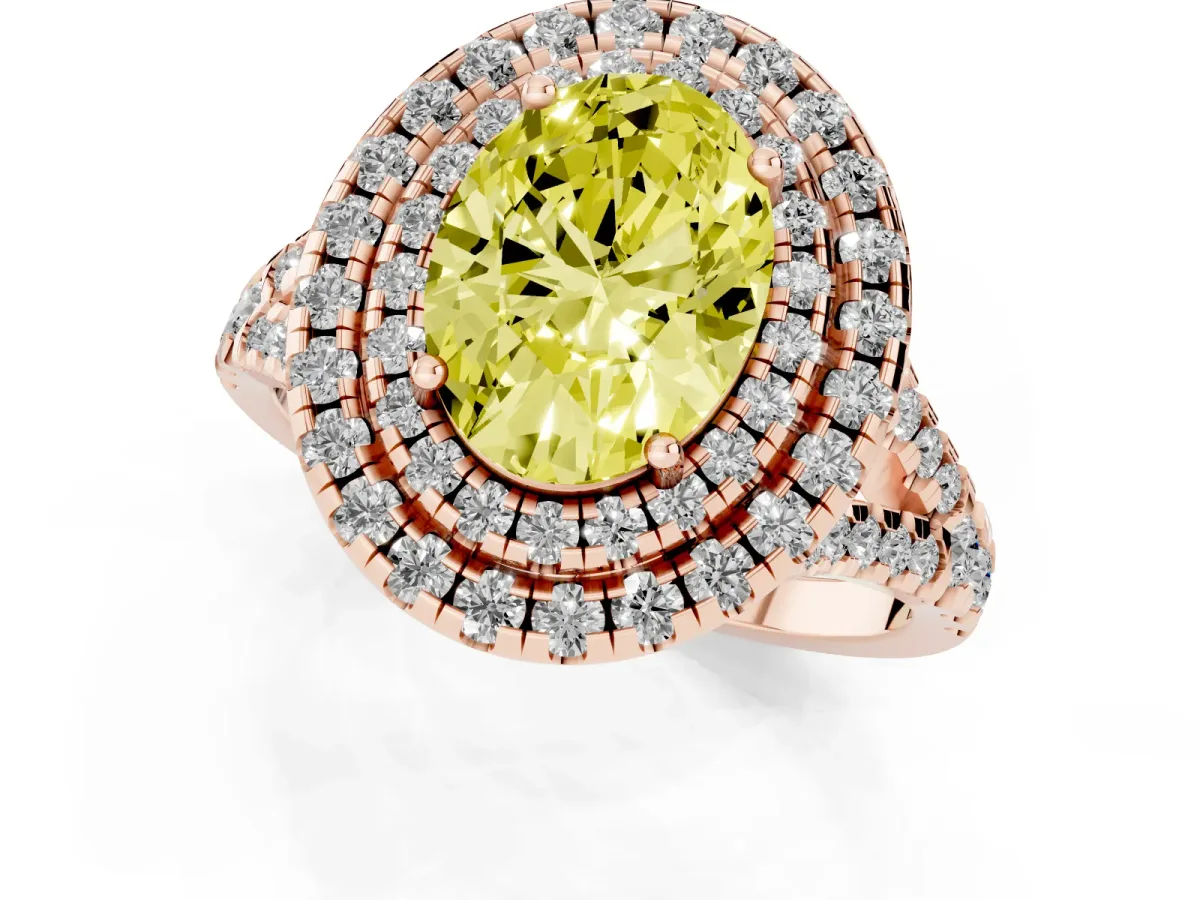 Fancy Yellow Double Halo Oval Cut Diamond Pavé Split Shank Ring with Prong Setting Rose gold