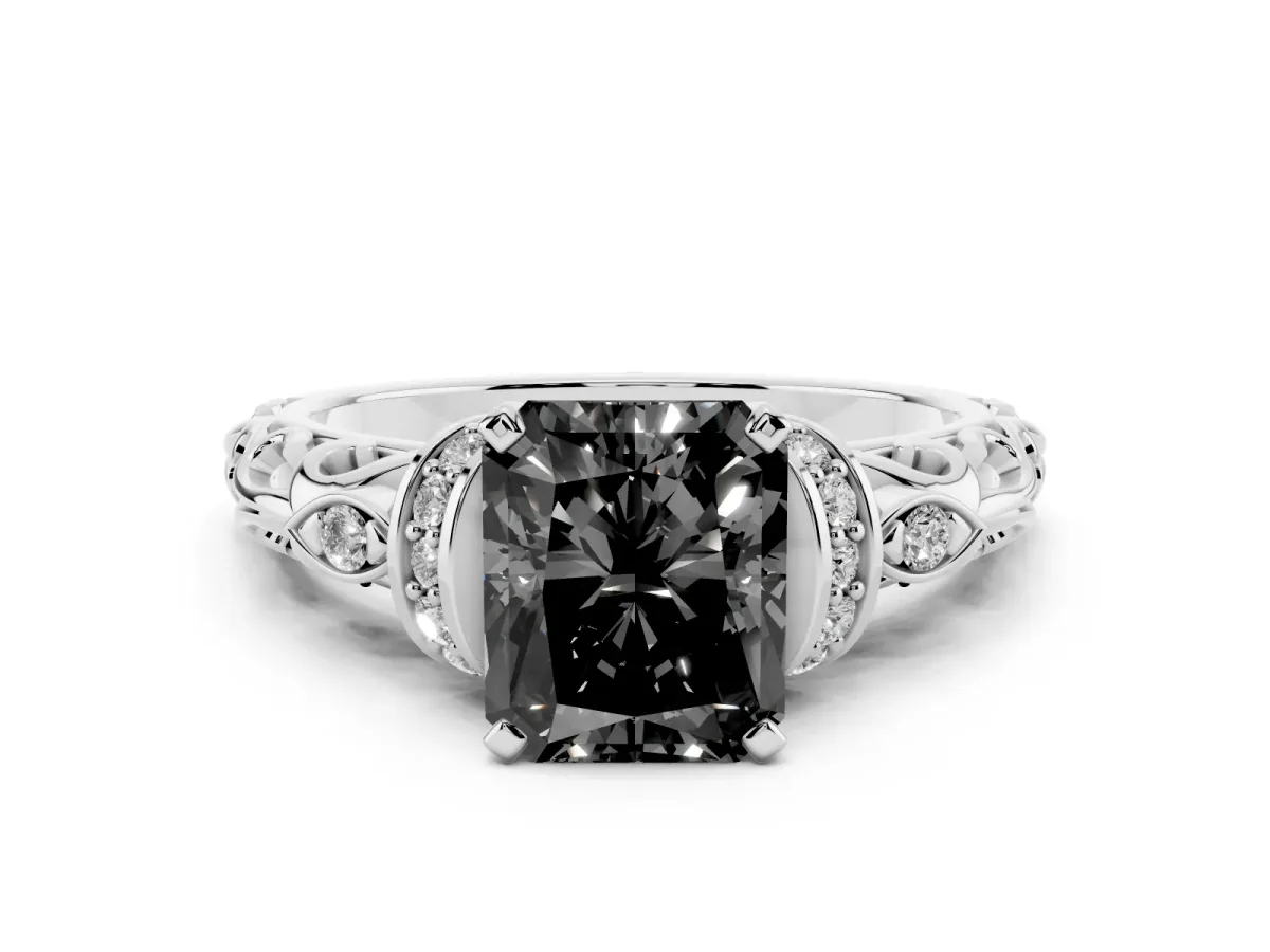 Fancy Black Radiant Cut Diamond Solitaire Ring with Filigree Band and Four-Prong Setting Silver