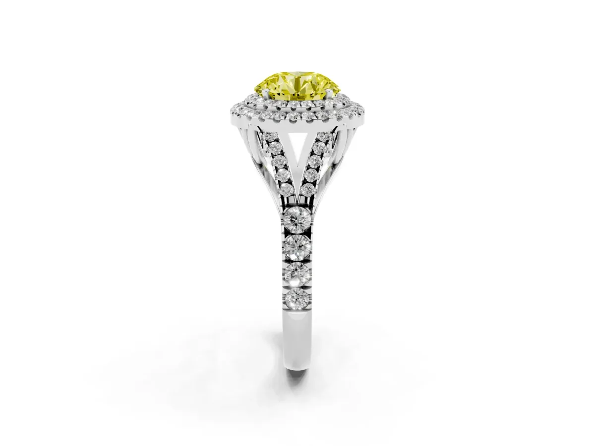 Fancy Yellow Round Cut Diamond Pavé Split Shank Double Halo Engagement Ring Silver