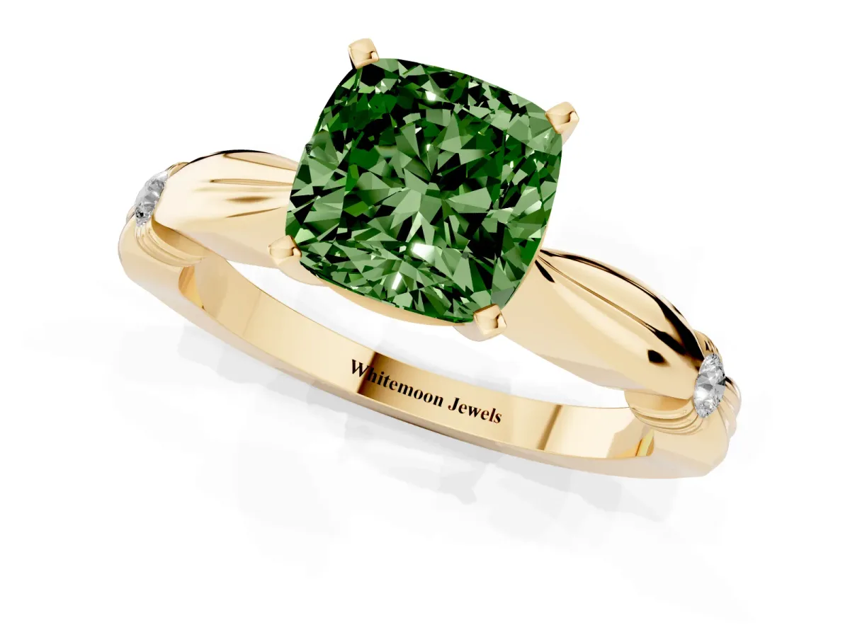Fancy Green Cushion Cut Solitaire Diamond Twisted Band with Four-Prong Setting Yellow gold