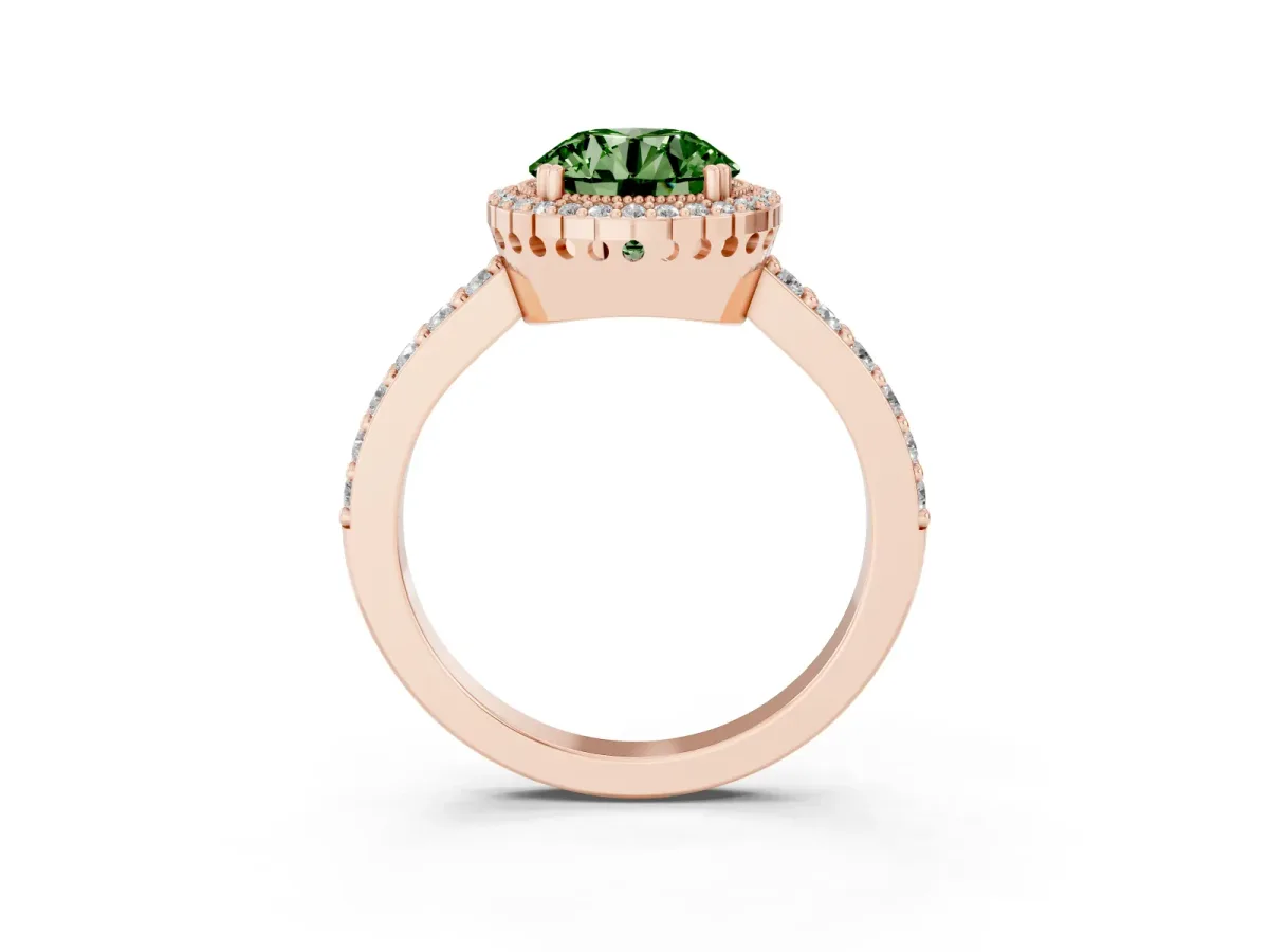 Fancy Green Round Cut Cut Diamond Halo Engagement Ring with Milgrain Detail and Pavé Band Rose gold