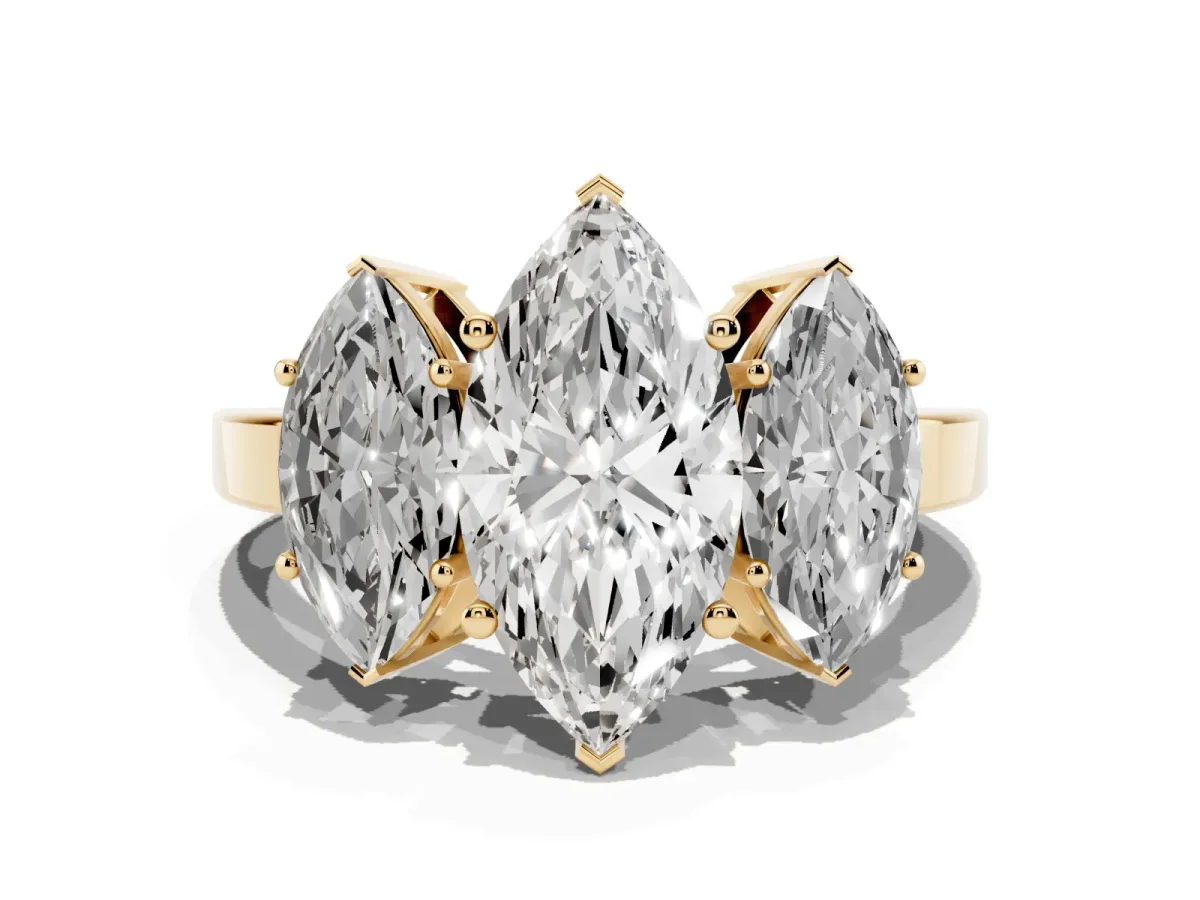 Three-Stone Marquise Cut Cut Diamond Engagement Ring with Flat Band and Four-Prong Setting Yellow gold