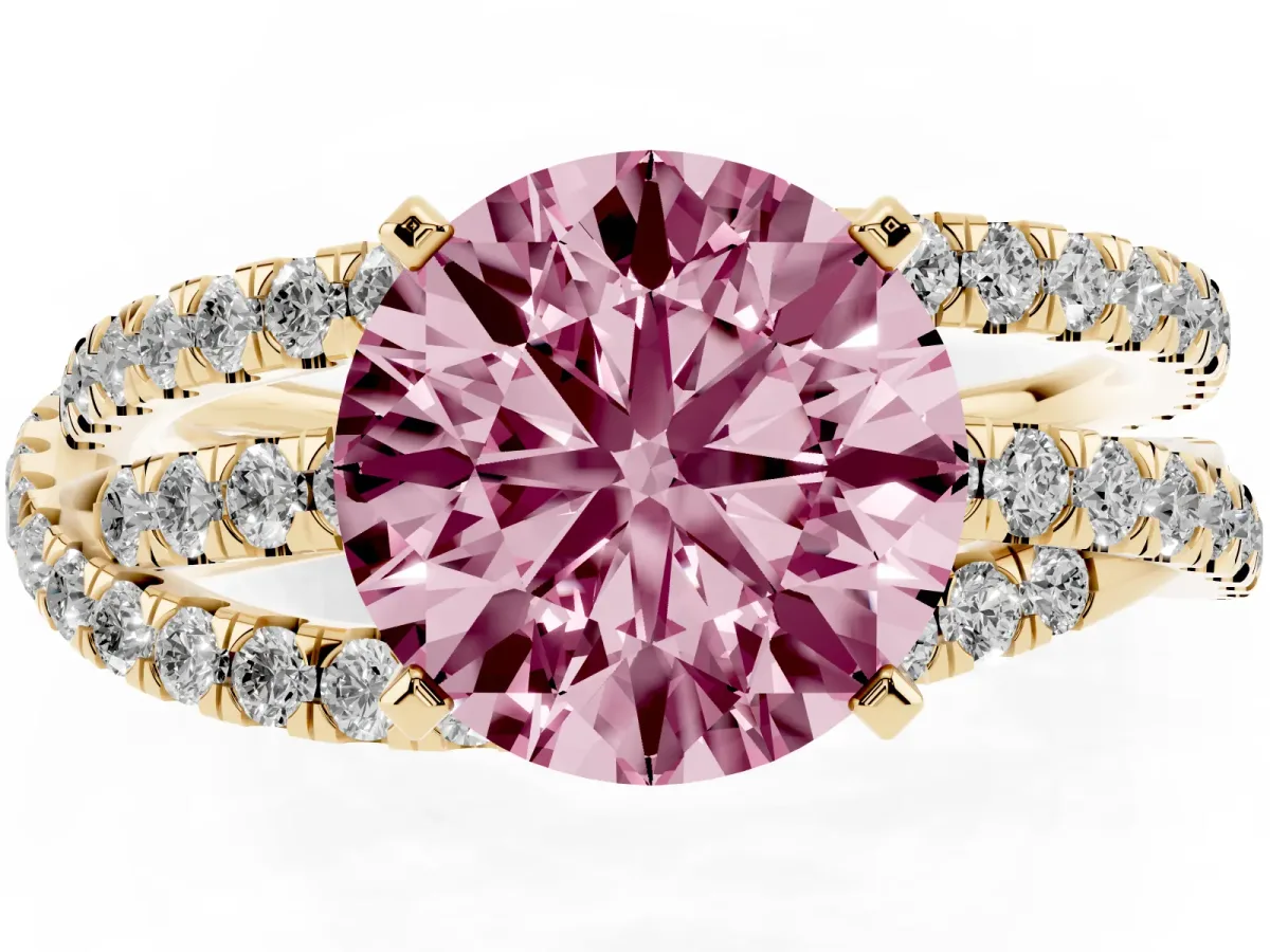 Fancy Pink Round Cut Solitaire Twist Band with Pavé Setting and Four-Prong Setting Yellow gold