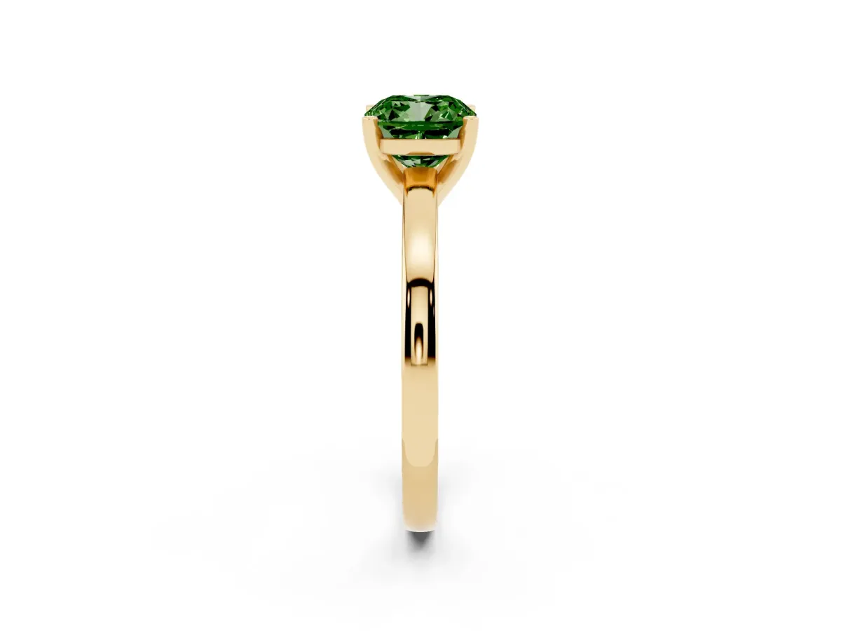 Fancy Green Cushion Cut Solitaire Diamond Engagement Ring with Four-Prong Setting on a Classic Band Yellow gold