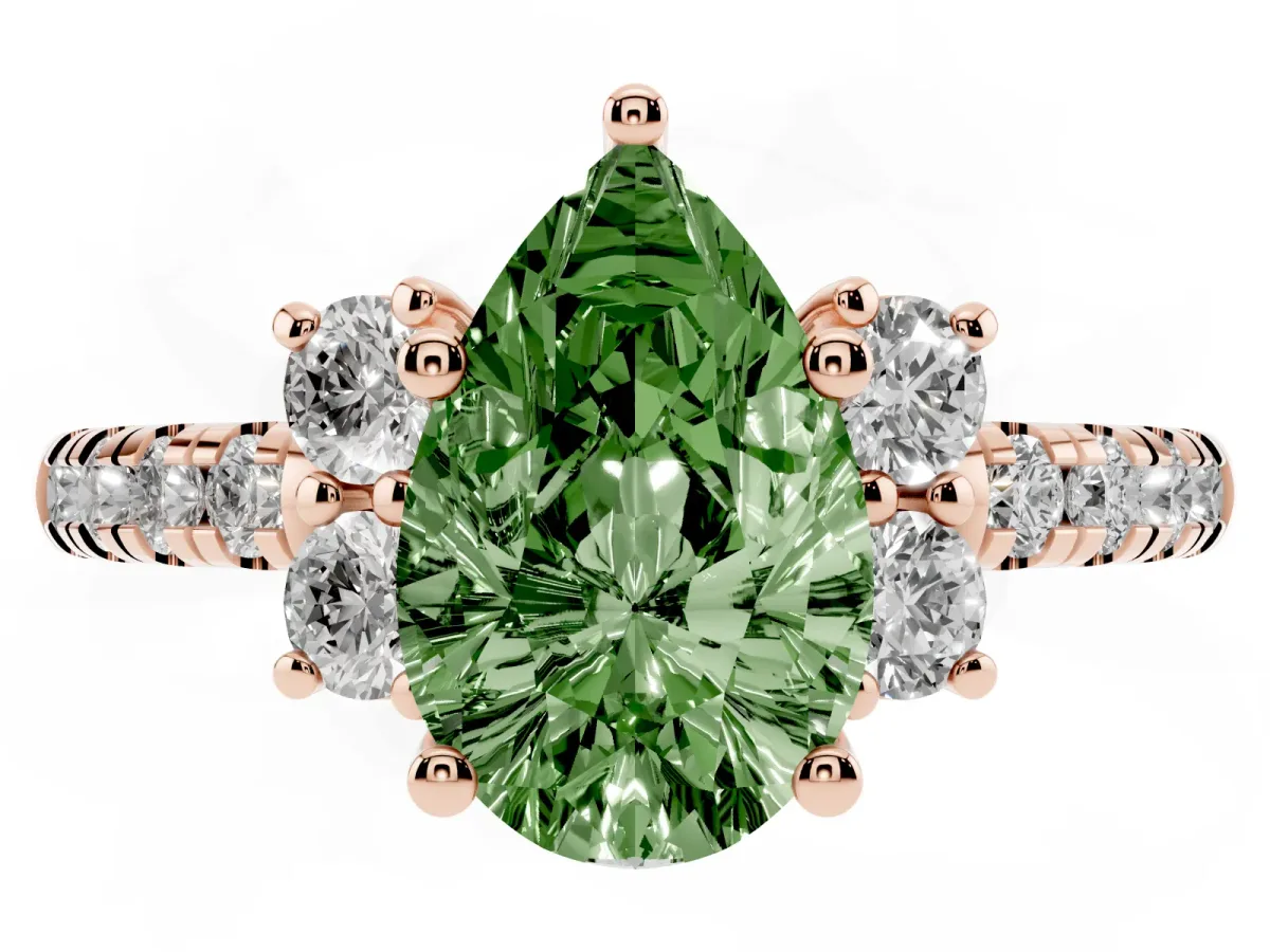 Fancy Green Pear Cut Diamond Three-Stone Pave Band with Four-Prong Setting Rose gold