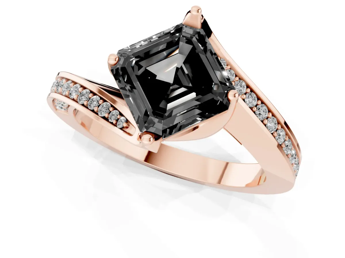 Fancy Black Asscher Cut Solitaire Diamond Twist Band with Pavé Setting and Four-Prong Setting Rose gold