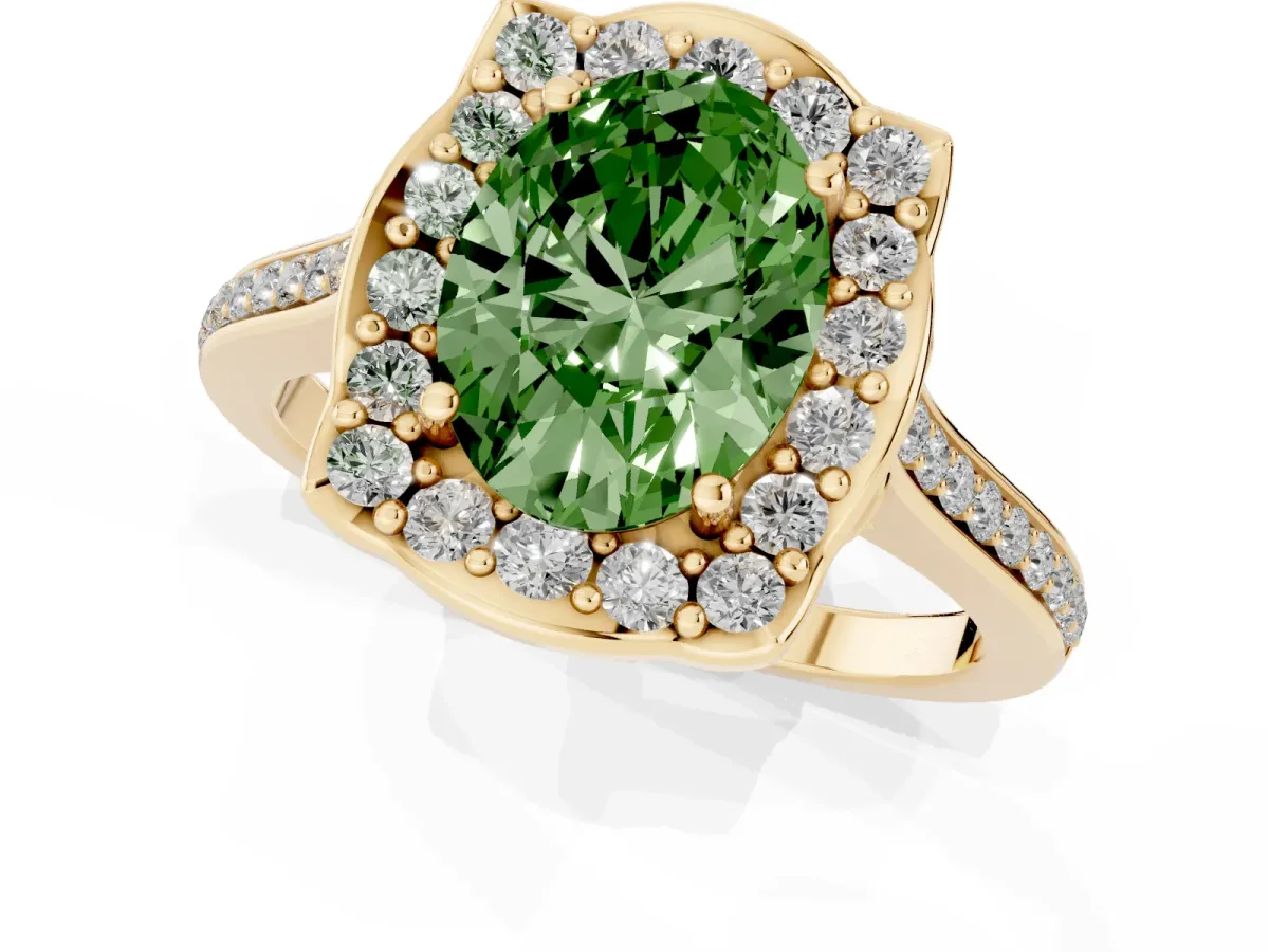 Fancy Green Oval Cut Halo Round Diamond Pave Band with Four-Prong Setting Yellow gold
