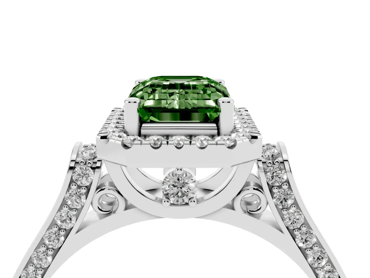 Fancy Green Emerald Cut Halo Round Diamond Twist Band with Four-Prong Setting White gold