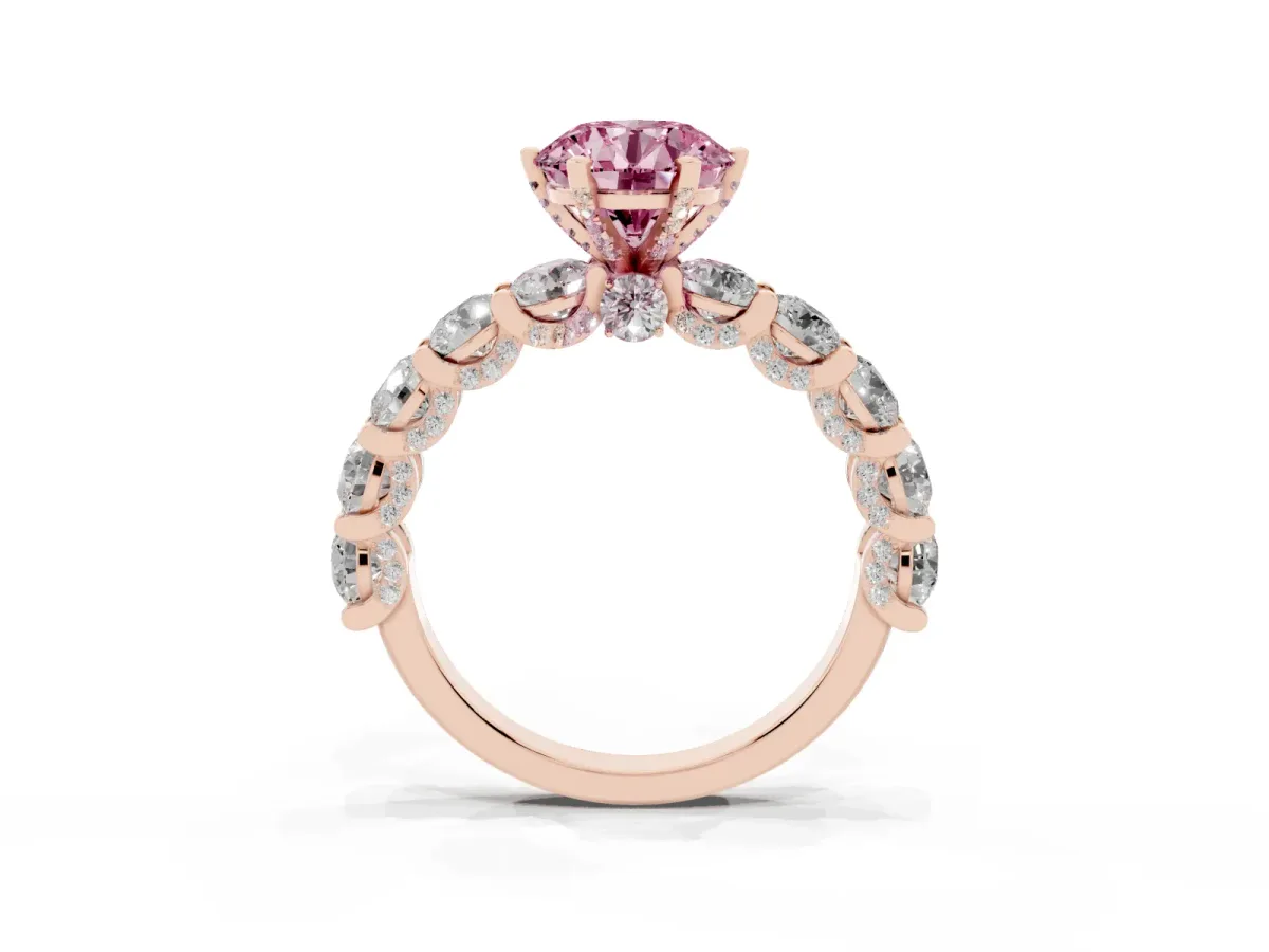 Fancy Pink Round Cut Diamond Side Stone Engagement Ring with Four-Prong Setting Rose gold