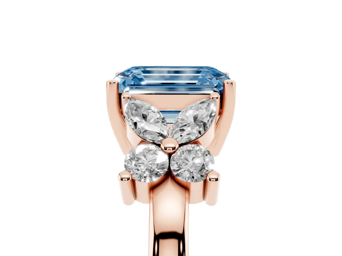 Fancy Blue Emerald Cut Diamond Floral Cluster Ring with Solitaire Band and Prong Setting Rose gold