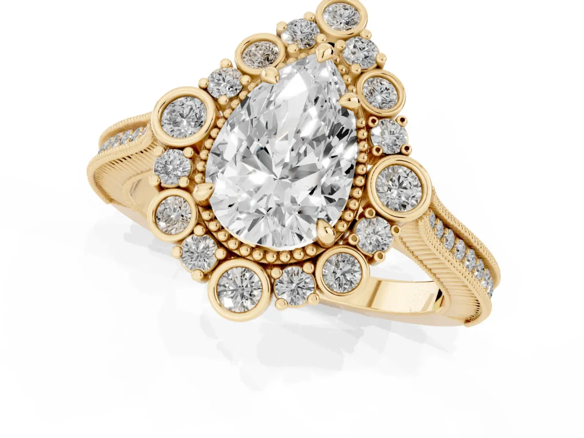 Pear Cut Halo Milgrain Pave Diamond Ring with Four-Prong Setting Yellow gold