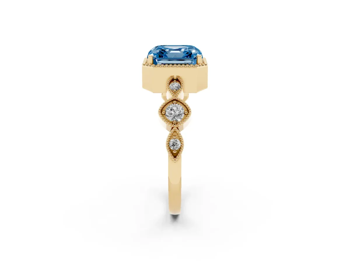 Fancy Blue Asscher Cut Diamond Vintage Milgrain Ring with Round Stations Yellow gold