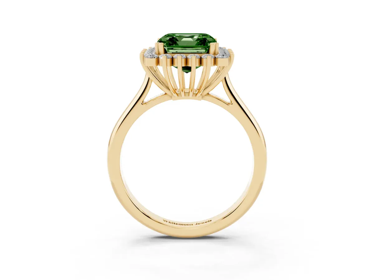 Fancy Green Asscher Cut Cut Diamond Halo Ring with Solitaire Band and Prong Setting Yellow gold