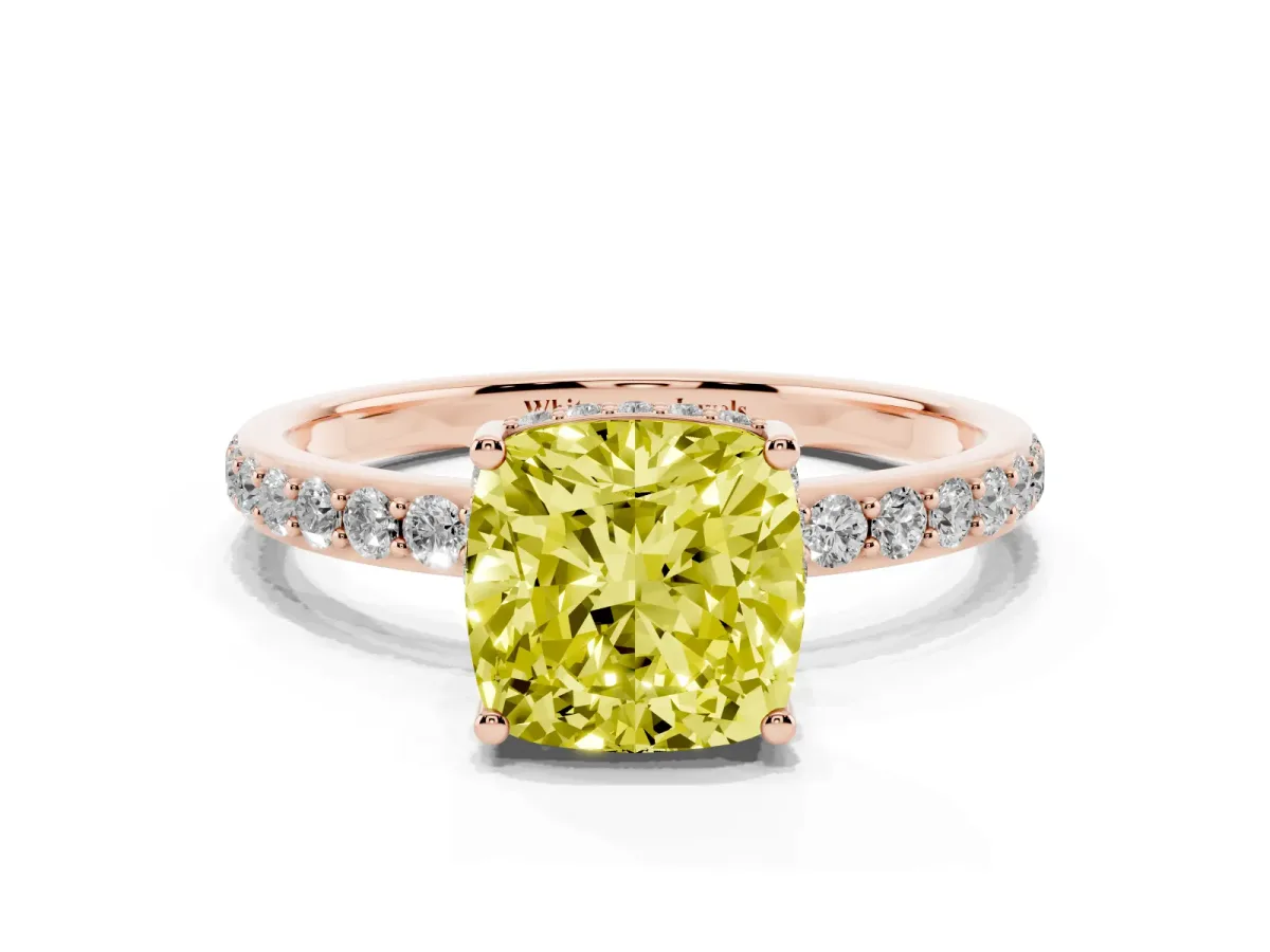 Fancy Yellow Cushion Cut Diamond Solitaire Ring with Pavé Band and Hidden Halo Rose gold
