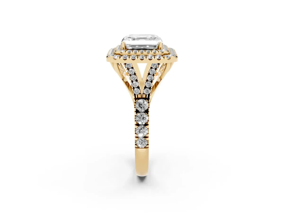 Asscher Cut Cut Double Halo Split Shank Diamond Ring with Prong Setting Yellow gold
