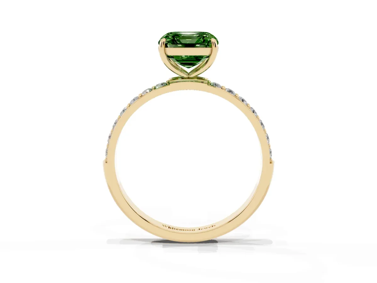 Fancy Green Asscher Cut Diamond Solitaire Ring with Round Pavé Shoulders and Prong Setting Yellow gold