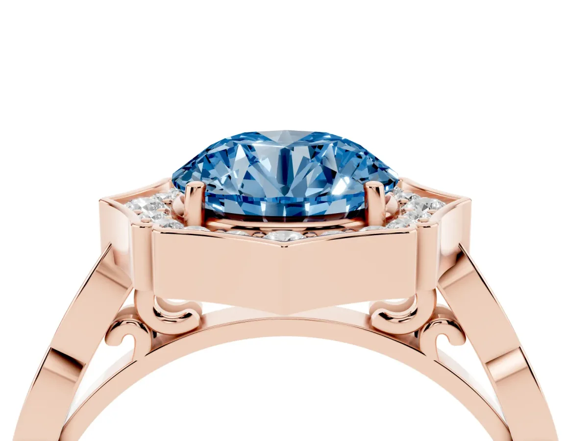 Fancy Blue Round Cut Halo Diamond Engagement Ring with Milgrain Band and Four-Prong Setting Rose gold