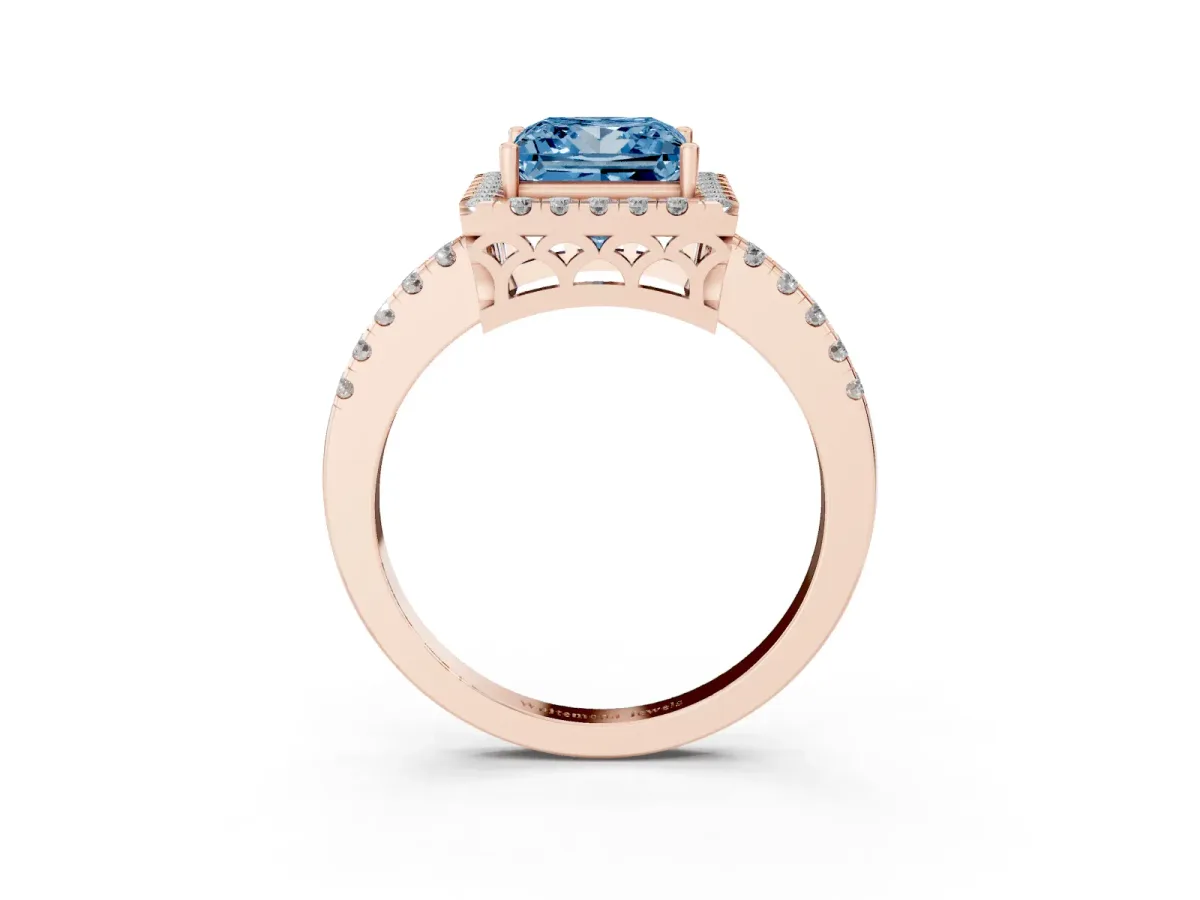Fancy Blue Princess Cut Halo Diamond Engagement Ring with Pavé Band and Four-Prong Setting Rose gold